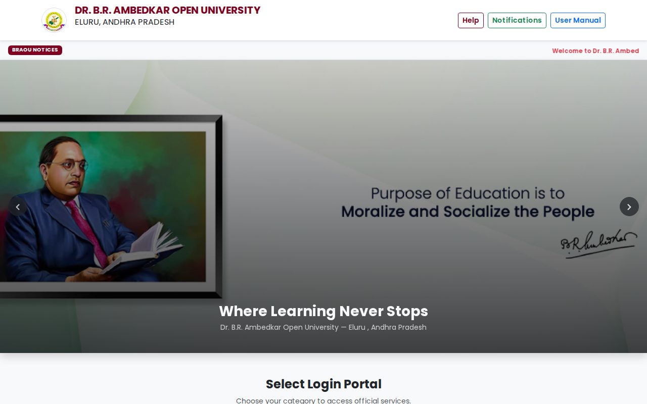 Official BRAOU-AP page on drbraouap.apcfss.in: navigate BRAOU-AP Admission Portal